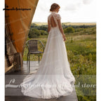 Vestido de novia NumberSea con encaje, tul, cuello alto, mangas casquillo, corte A