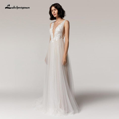 NumberSea Wedding Dress V-Neck Lace Appliques Princess Tulle