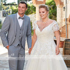 Vestido de novia NumberSea con escote en V sexy de manga corta y encaje