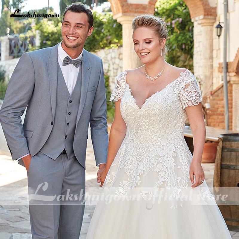 Vestido de novia NumberSea con escote en V sexy de manga corta y encaje