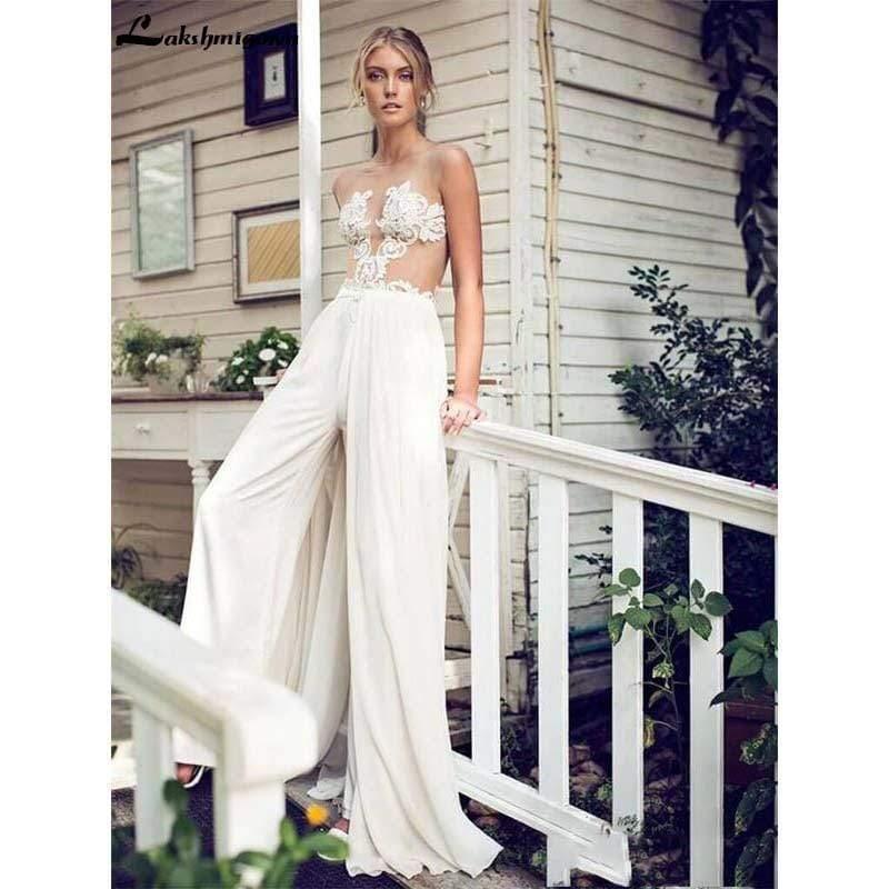 Vestidos de novia NumberSea, mono con falda extraíble y apliques de encaje