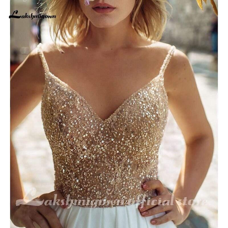 NumberSea Brautkleider Luxus Top Pailletten Rückenfrei