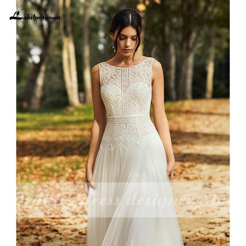 NumberSea Wedding Dresses Open Back Lace Tulle Bridal Gown Scoop Neck