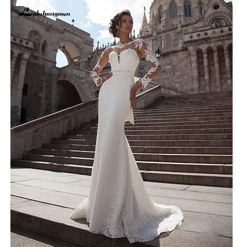 Vestidos de novia NumberSea blancos brillantes de manga larga con cuello en V
