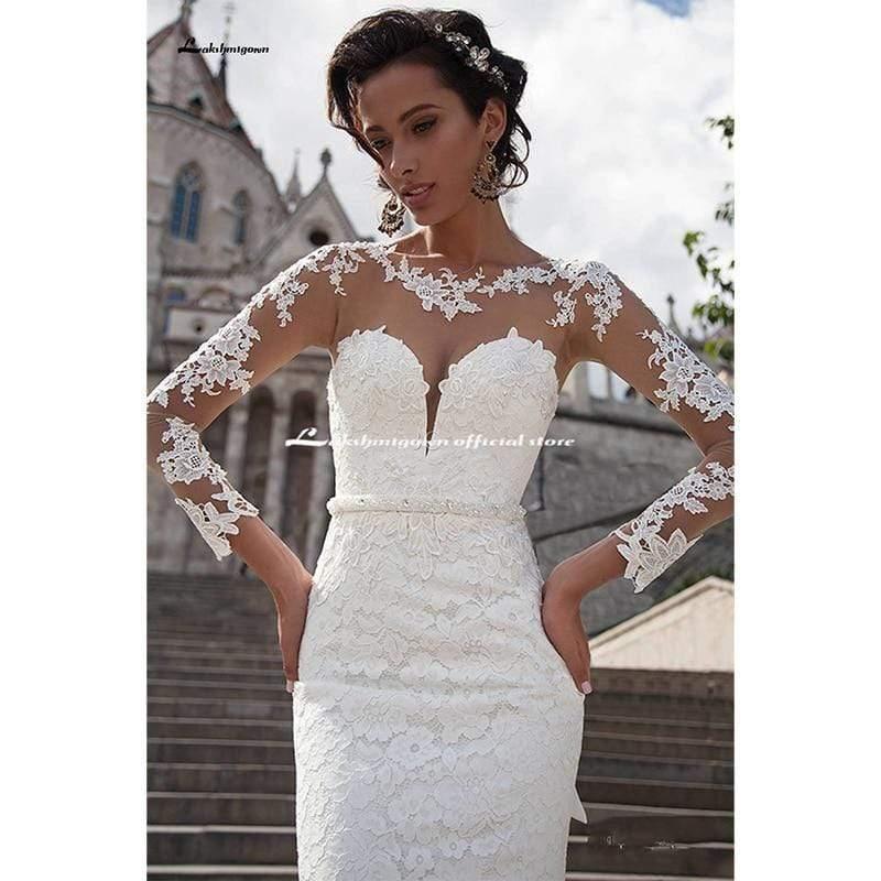 Vestidos de novia NumberSea blancos brillantes de manga larga con cuello en V