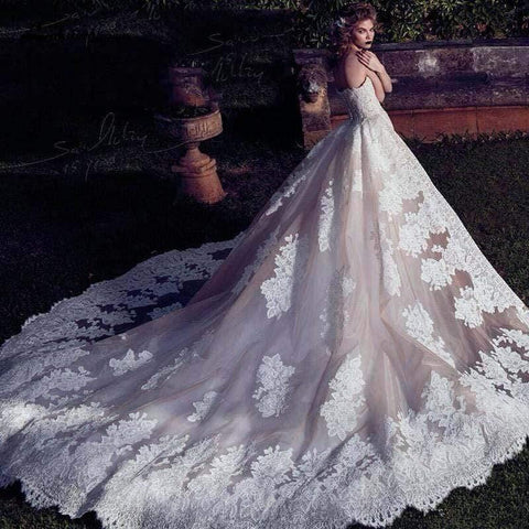 NumberSea Wedding Dresses With Detachable Train  Backless Lace Applique Bridal Gowns