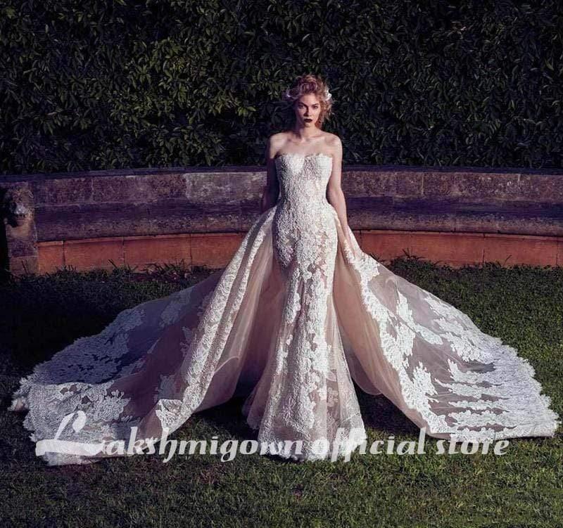 Vestidos de novia NumberSea con cola desmontable y espalda descubierta con apliques de encaje