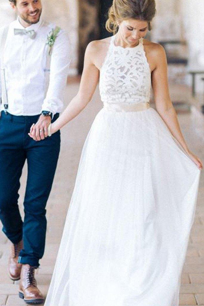 NumberSea - Vestido de novia blanco sencillo con cuello halter y encaje, largo, para playa, MW241 