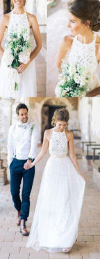 NumberSea - Vestido de novia blanco sencillo con cuello halter y encaje, largo, para playa, MW241 