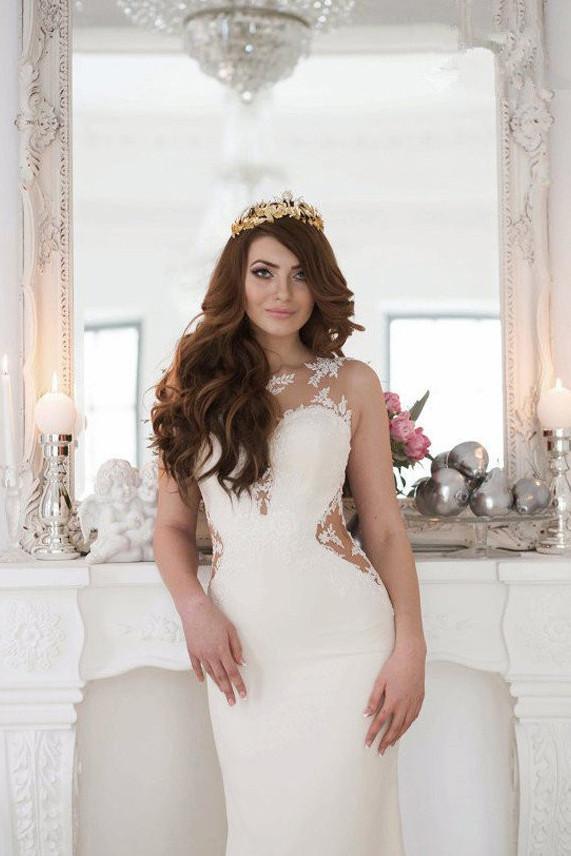 Vestido de novia largo transparente de sirena con encaje blanco y cola larga NumberSea, MW185