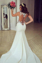 Vestido de novia largo transparente de sirena con encaje blanco y cola larga NumberSea, MW185