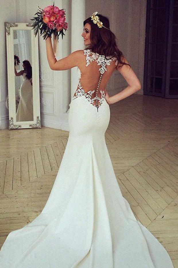Vestido de novia largo transparente de sirena con encaje blanco y cola larga NumberSea, MW185