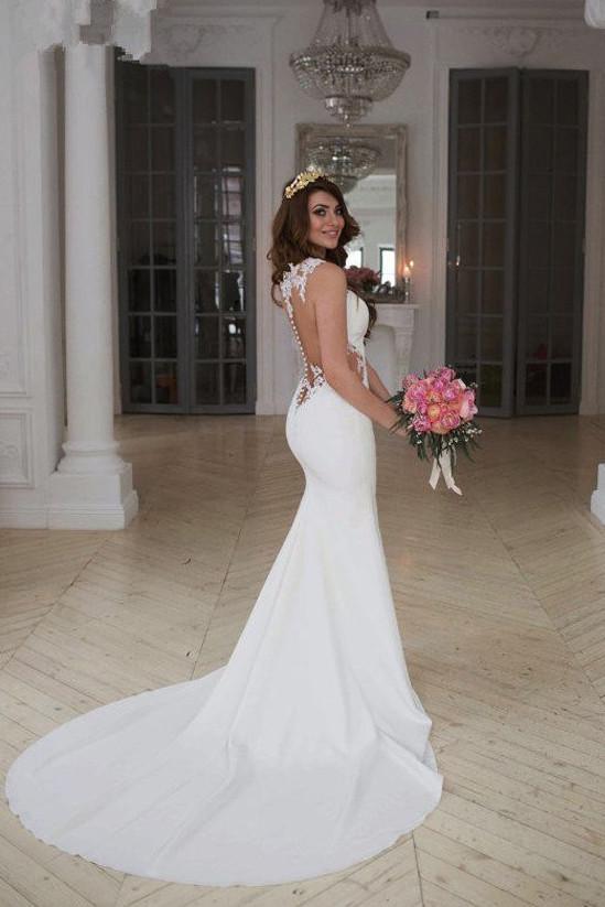 Vestido de novia largo transparente de sirena con encaje blanco y cola larga NumberSea, MW185