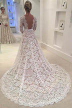 NumberSea Weiße Spitze Rückenfreies A-Linie Langarm Lange Hochzeitskleider, Brautkleider, MW190 