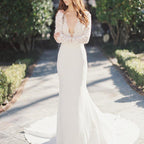 Vestido de novia NumberSea blanco de corte sirena, escote en V profundo, manga larga y encaje, MW195