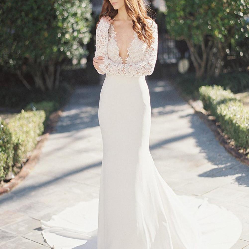 Vestido de novia NumberSea blanco de corte sirena, escote en V profundo, manga larga y encaje, MW195