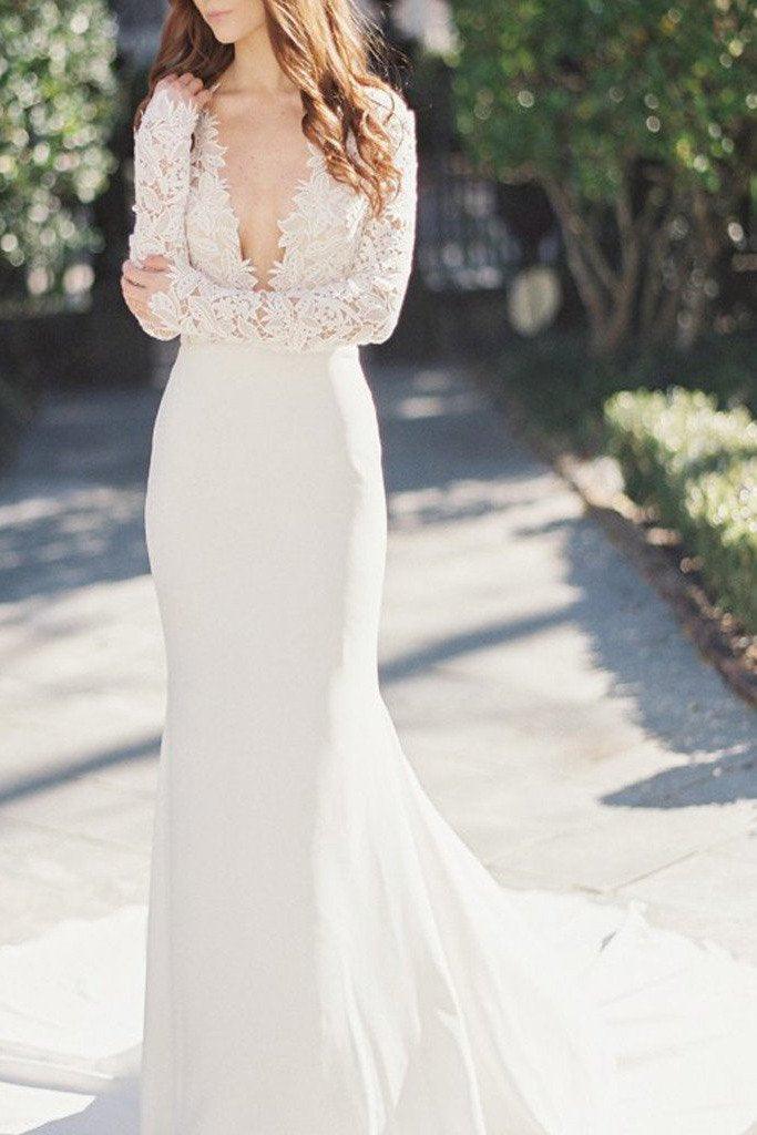 Vestido de novia NumberSea blanco de corte sirena, escote en V profundo, manga larga y encaje, MW195