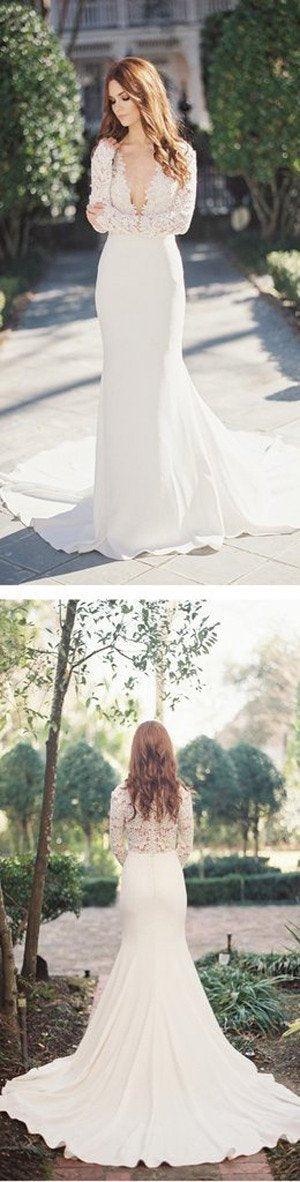 Vestido de novia NumberSea blanco de corte sirena, escote en V profundo, manga larga y encaje, MW195