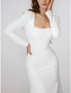 Mermaid / Trumpet Evening Gown Elegant Dress Formal Sweep / Brush Train Long Sleeve Square Neck Stretch Fabric with Pleats
