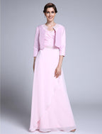 Sheath / Column Mother of the Bride Dress Scoop Neck Floor Length Chiffon 3/4 Length Sleeve No with Beading