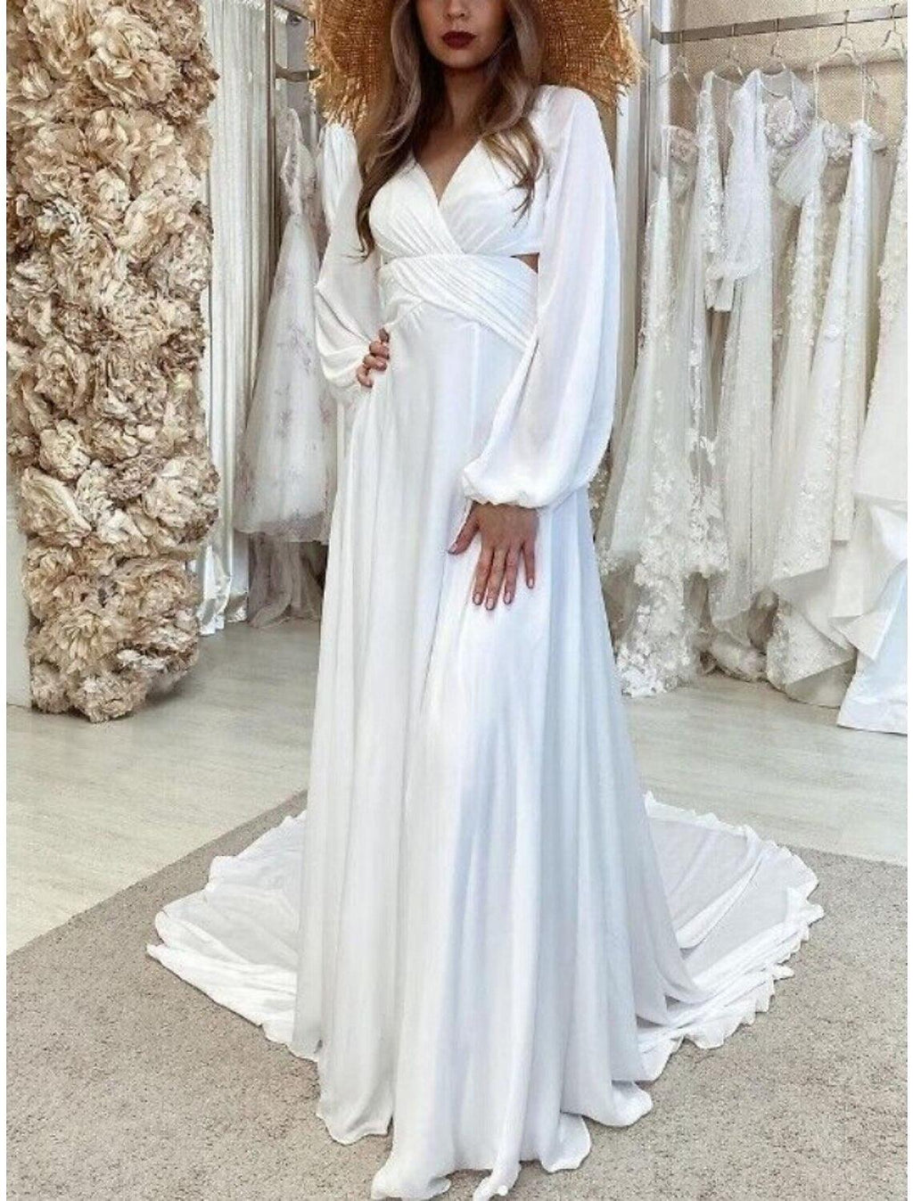 Vestidos de novia formales, corte tubo, escote en V, manga larga, cola de corte, gasa, con pliegues, color liso