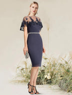 Vestido de cóctel con corte tubo/columna, convertible, para invitada de boda, largo hasta la rodilla, manga corta, sin tirantes, con encaje y apliques de encaje.