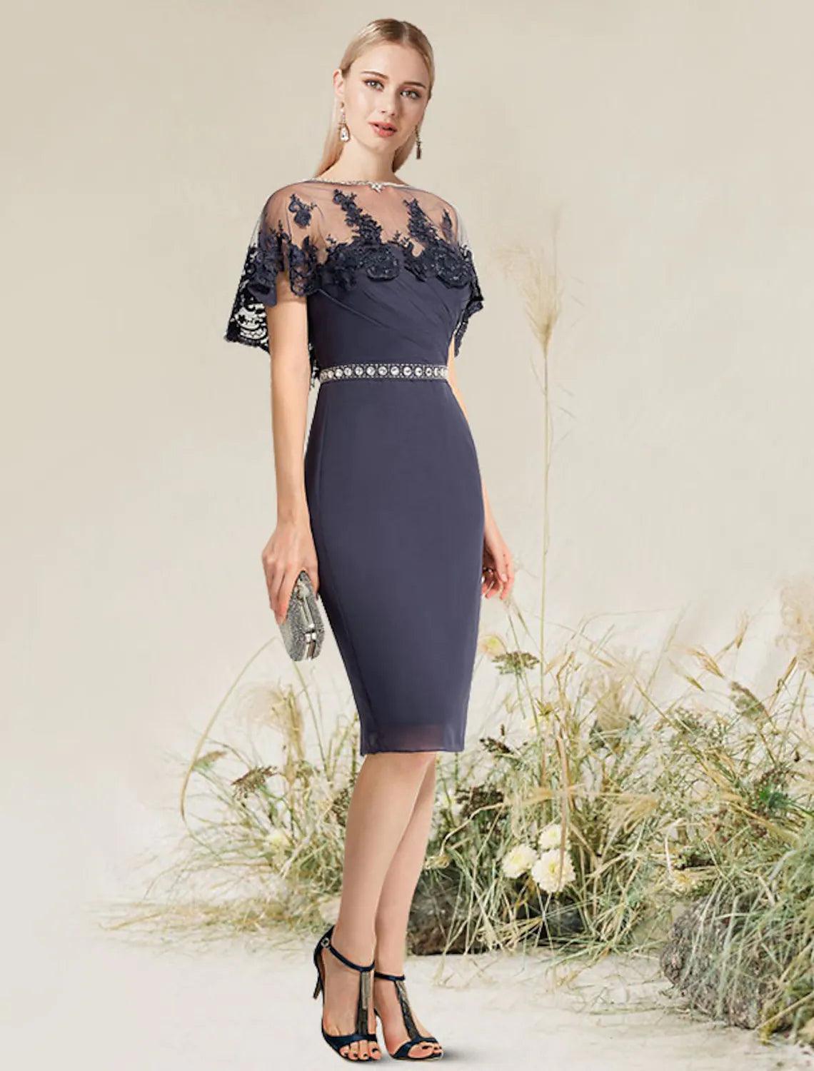 Vestido de cóctel con corte tubo/columna, convertible, para invitada de boda, largo hasta la rodilla, manga corta, sin tirantes, con encaje y apliques de encaje.