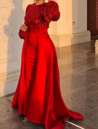 Meerjungfrau/Trompete Abendkleid Glitzerndes Kleid Formale Hochzeit Bodenlang Langarm Rundhals Herbst Hochzeitsgast Satin mit Überrock