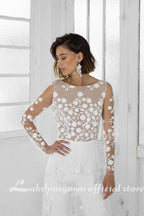 NumberSea Weißer Jumpsuit Strand Brautkleider Langarm