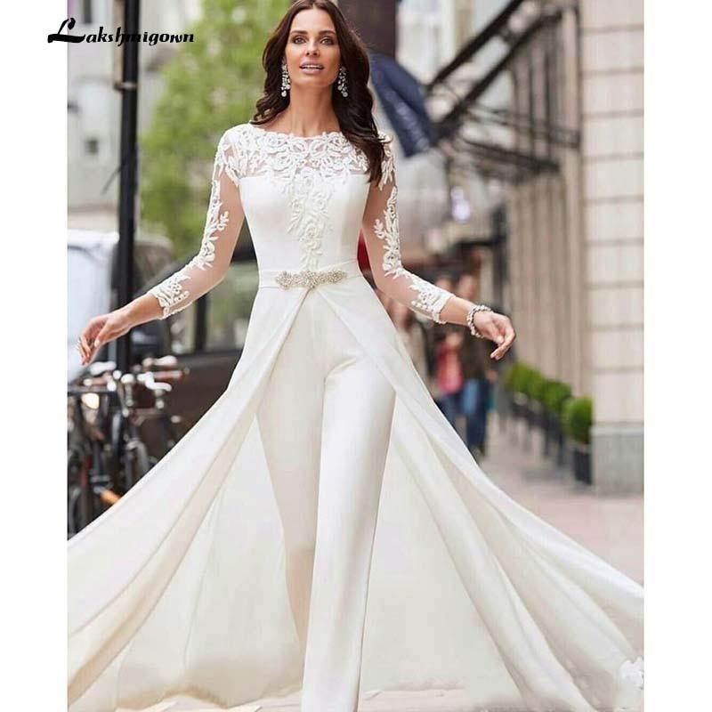 NumberSea White Jumpsuits Pants Long Sleeve Wedding Dresses Lace Satin