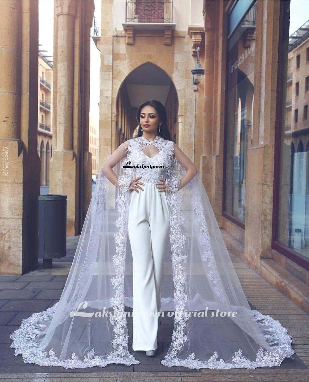 NumberSea White Jumpsuits Wedding Dresses With Long Lace Wrap