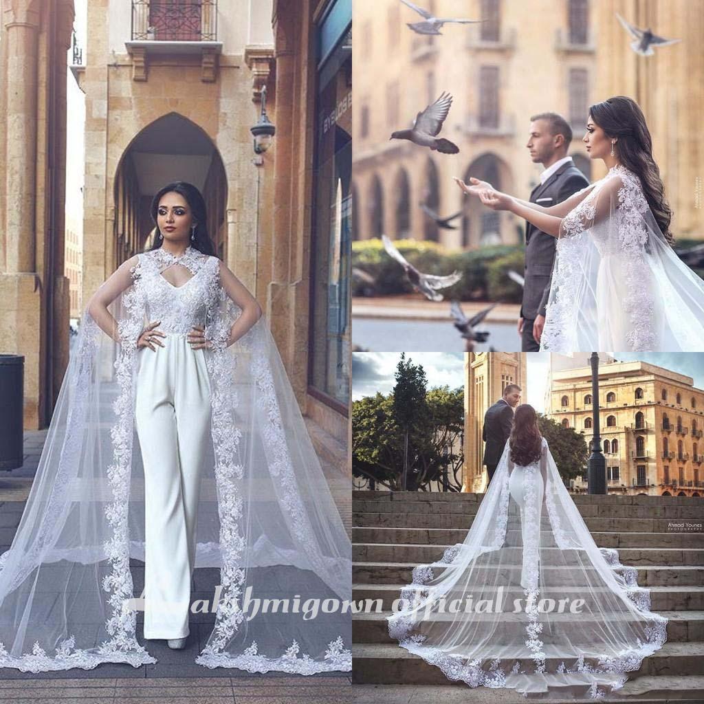 NumberSea White Jumpsuits Wedding Dresses With Long Lace Wrap