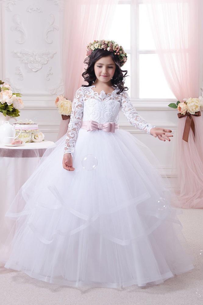 Vestido de fiesta blanco de manga larga con escote redondo y tul con encaje para niña de las flores