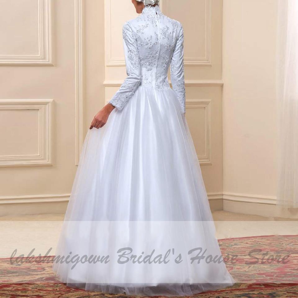 Vestido de novia musulmán blanco NumberSea con cuello alto y manga larga de satén