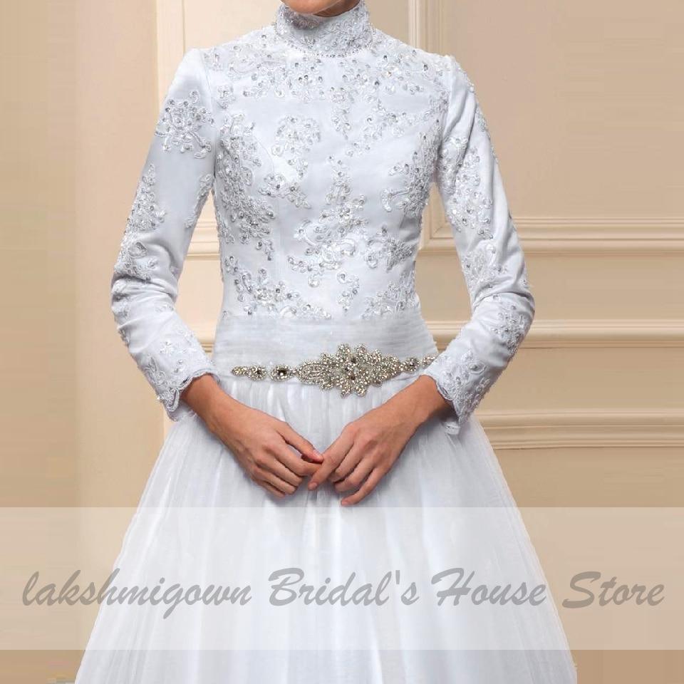 Vestido de novia musulmán blanco NumberSea con cuello alto y manga larga de satén