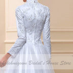 Vestido de novia musulmán blanco NumberSea con cuello alto y manga larga de satén