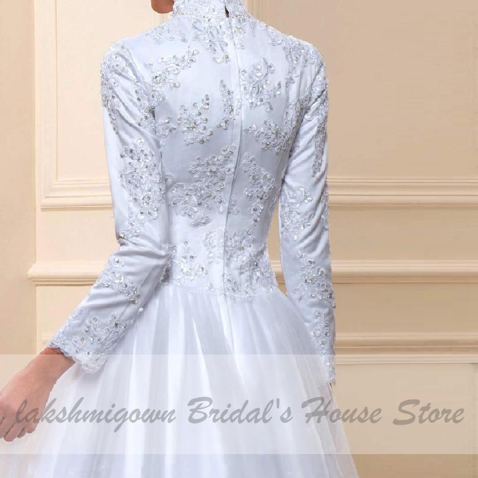 Vestido de novia musulmán blanco NumberSea con cuello alto y manga larga de satén
