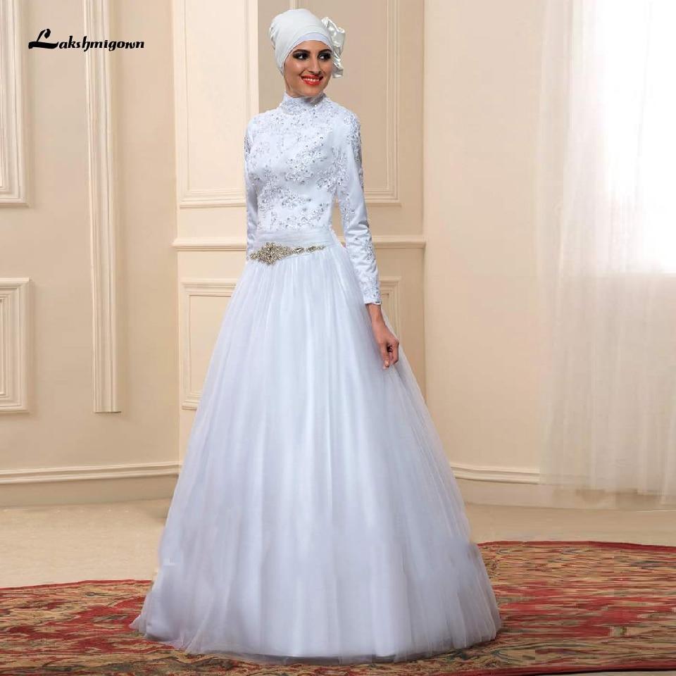 Vestido de novia musulmán blanco NumberSea con cuello alto y manga larga de satén