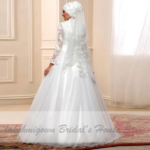 NumberSea White Muslim Wedding Dress with Long Sleeves