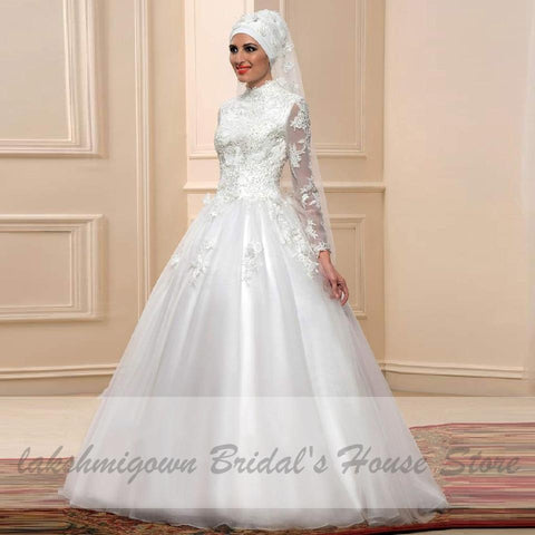 NumberSea White Muslim Wedding Dress with Long Sleeves