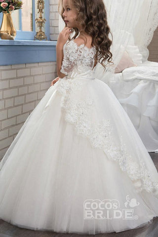 Vestido de fiesta para niñas de flores Numbersea blanco con hombros descubiertos y mangas 1/2