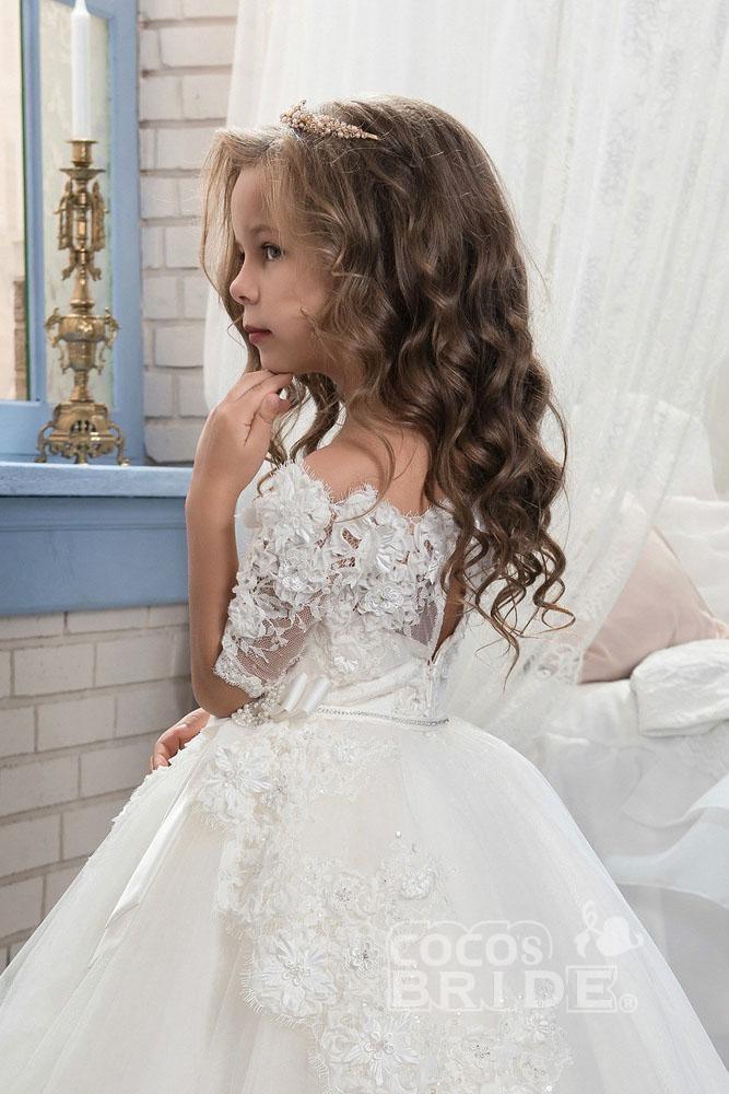 Numbersea White Off The Shoulder 1/2 Sleeves Ball Gown Flower Girls Dress