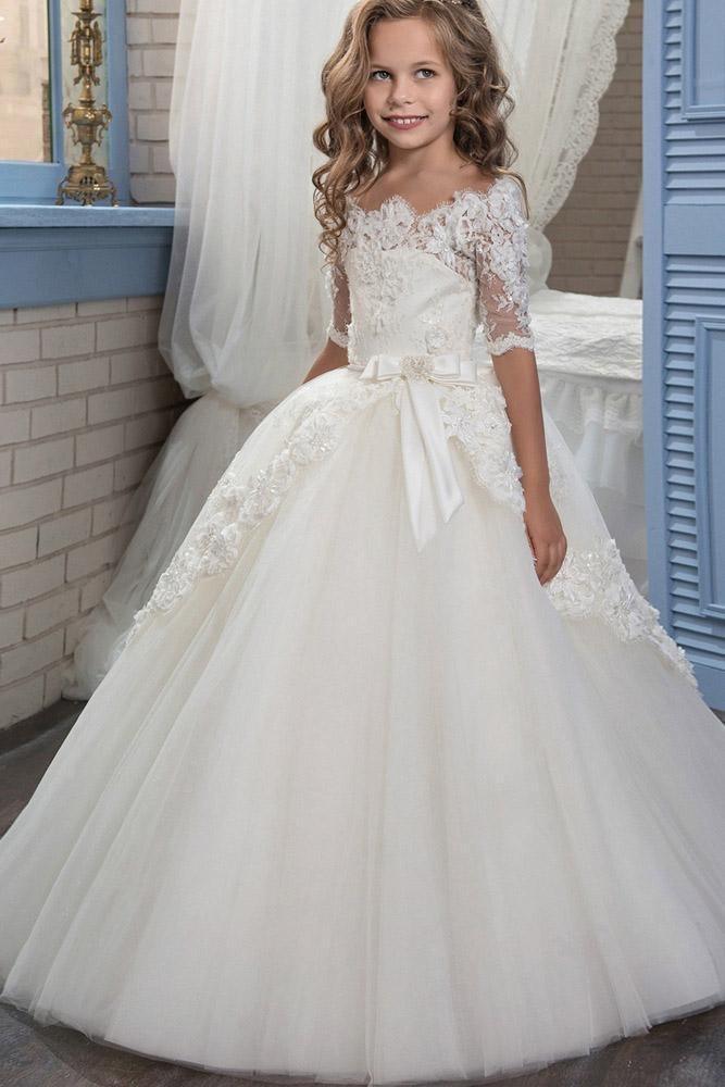 Numbersea White Off The Shoulder 1/2 Sleeves Ball Gown Flower Girls Dress