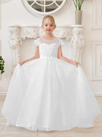 Vestido de princesa para primera comunión de niña de las flores, color marfil, con cola desmontable 