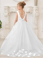 Elegantes weißes Tüllkleid für Blumenmädchen mit Schleppe 