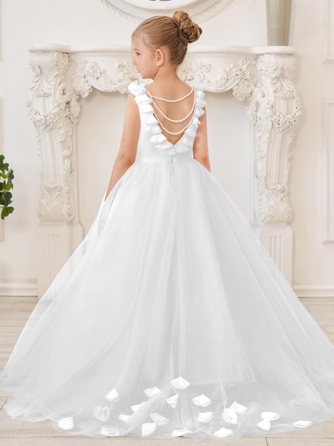 Elegantes weißes Tüllkleid für Blumenmädchen mit Schleppe 