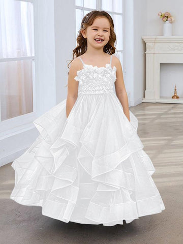 Slate Blue A-Line Princess Sleeveless Tulle Flower Girl Dress