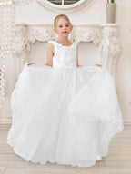 Elegantes weißes Tüllkleid für Blumenmädchen mit Schleppe 