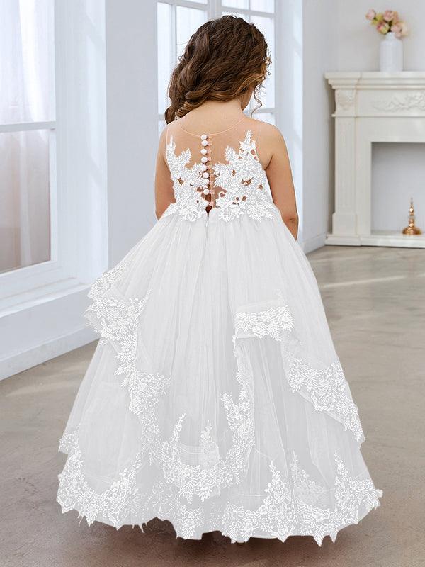 Vestido de princesa de tul sin mangas con apliques de encaje y cola larga para niñas 