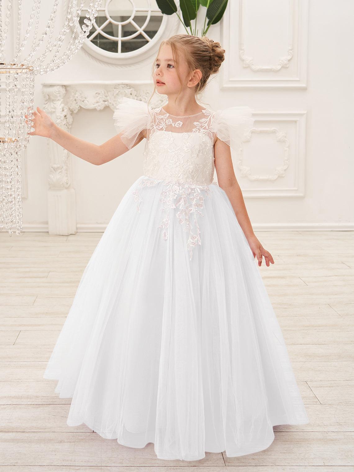 Abnehmbares Blumenmädchenkleid aus Spitze und Tüll mit Schleppe 